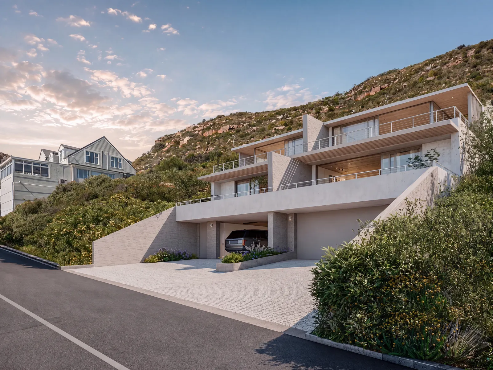 Artist's impression of Terra Mar's two homes seen from Berg Road, with the mountain behind