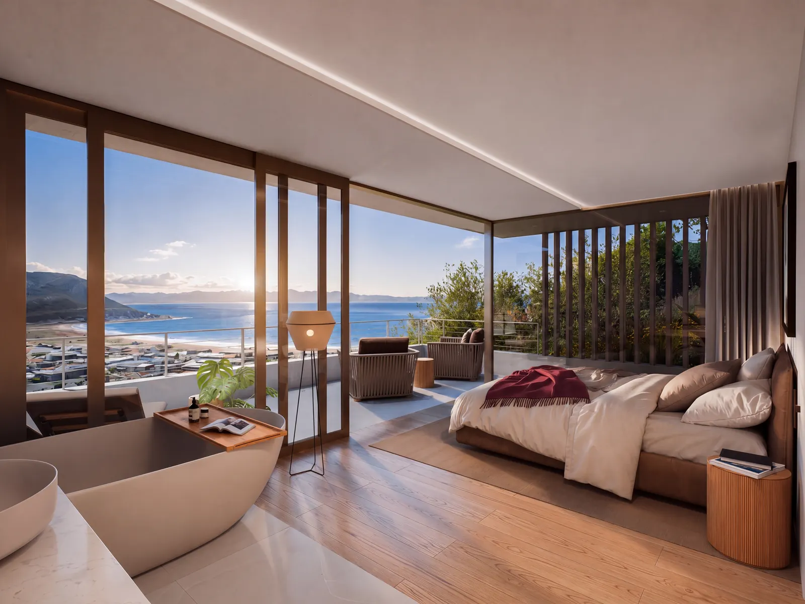 Artist's impression of the main bedroom, with a freestanding bath and a balcony overlooking the bay