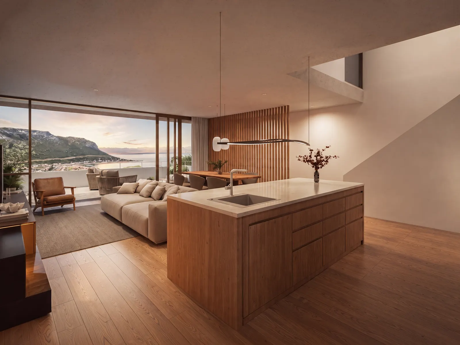 Artist's impression of the kitchen island and lounge opening onto the balcony and the view