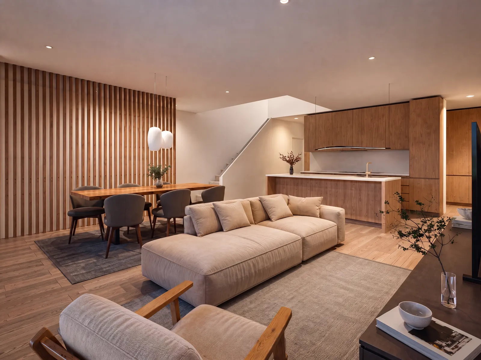 Artist's impression of the open-plan living and dining area, with the staircase and kitchen beyond