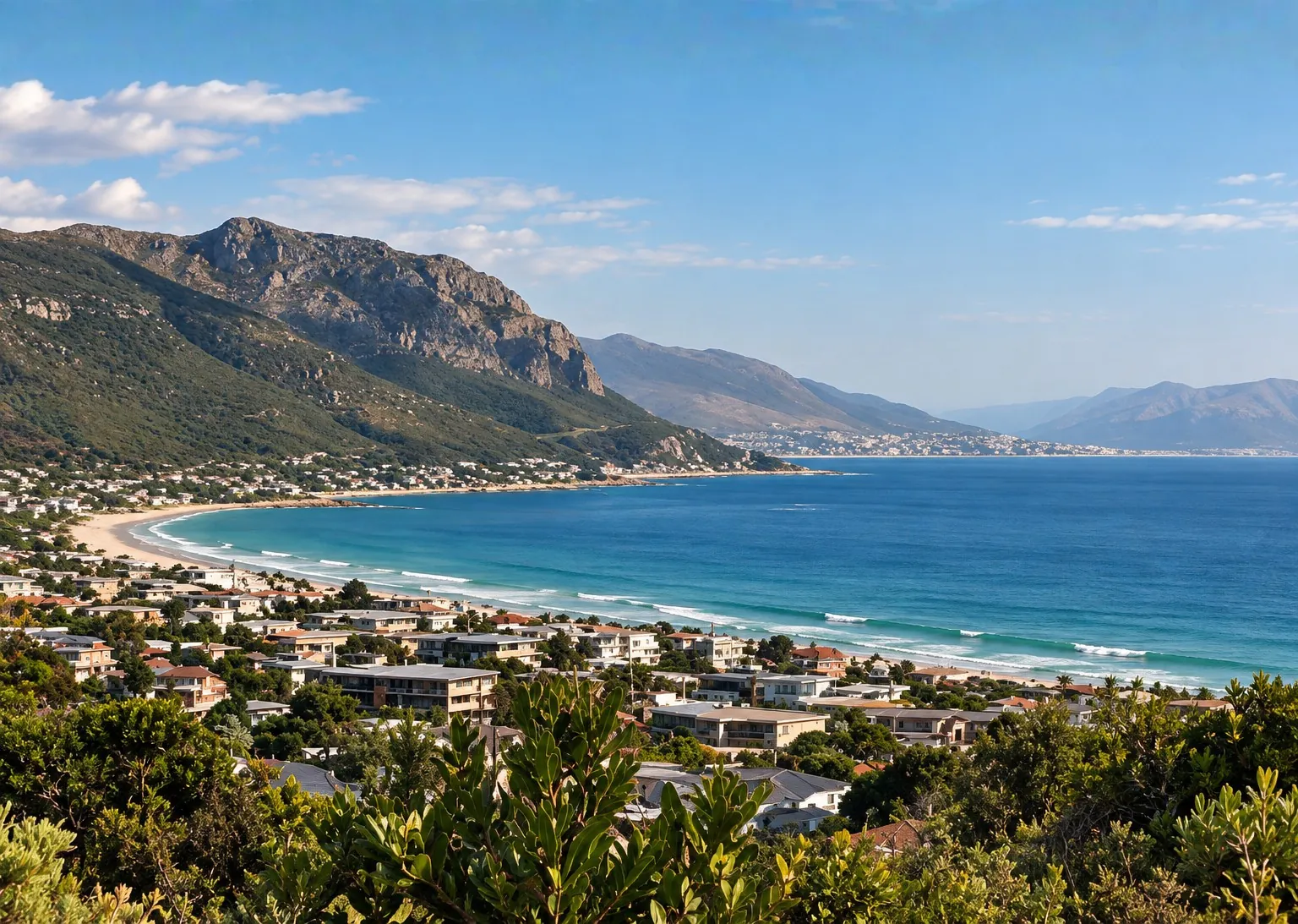 View over a curved sandy beach, the town and the mountains beside the sea