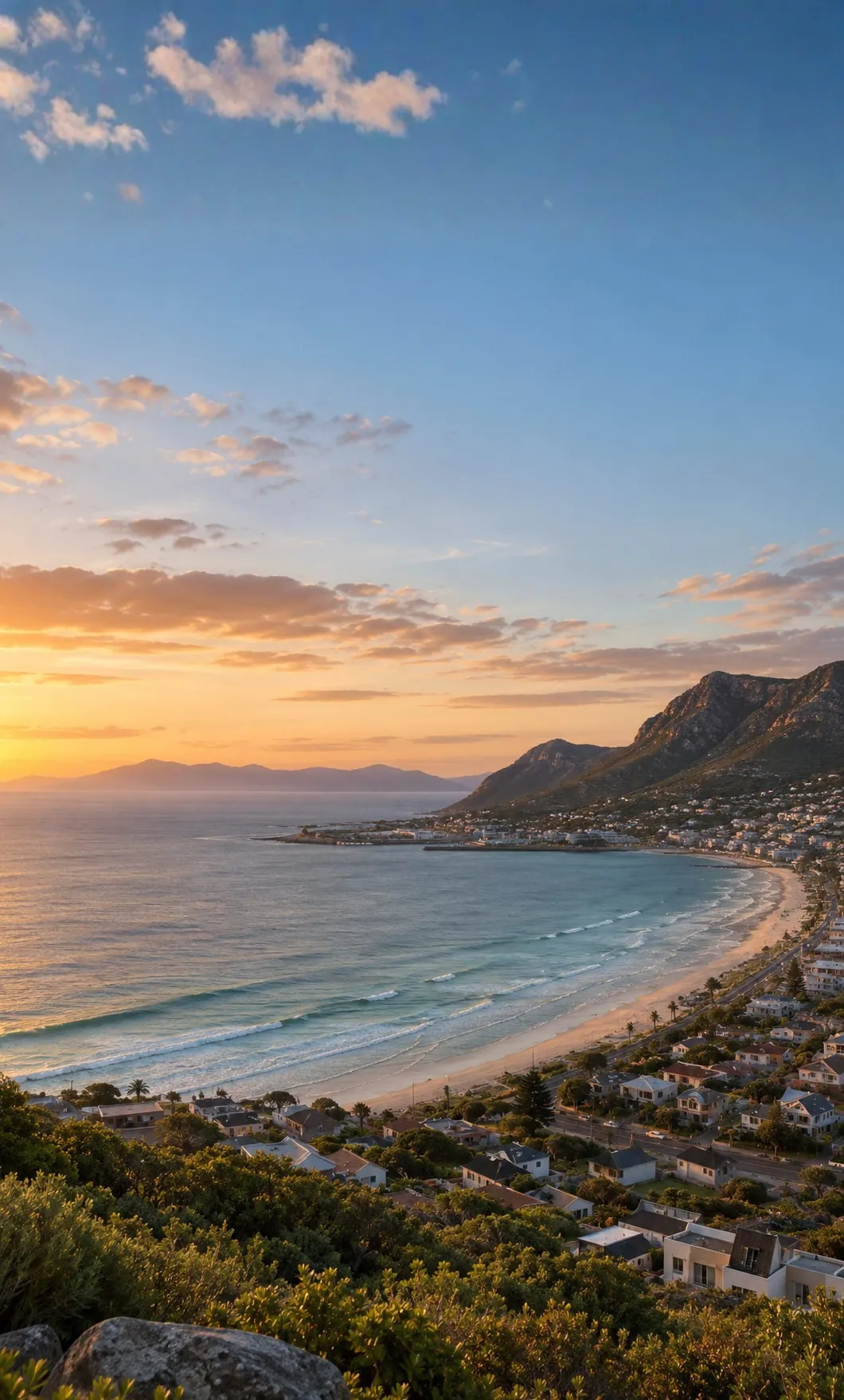 Sunset over the sea, with a long beach and the mountains