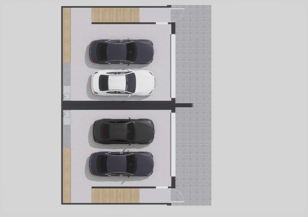Basement floor plan of both units: double garages and stair lobbies