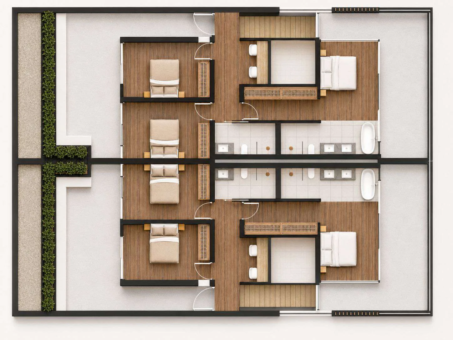 First floor plan of both units: three bedrooms, two bathrooms and a private backyard