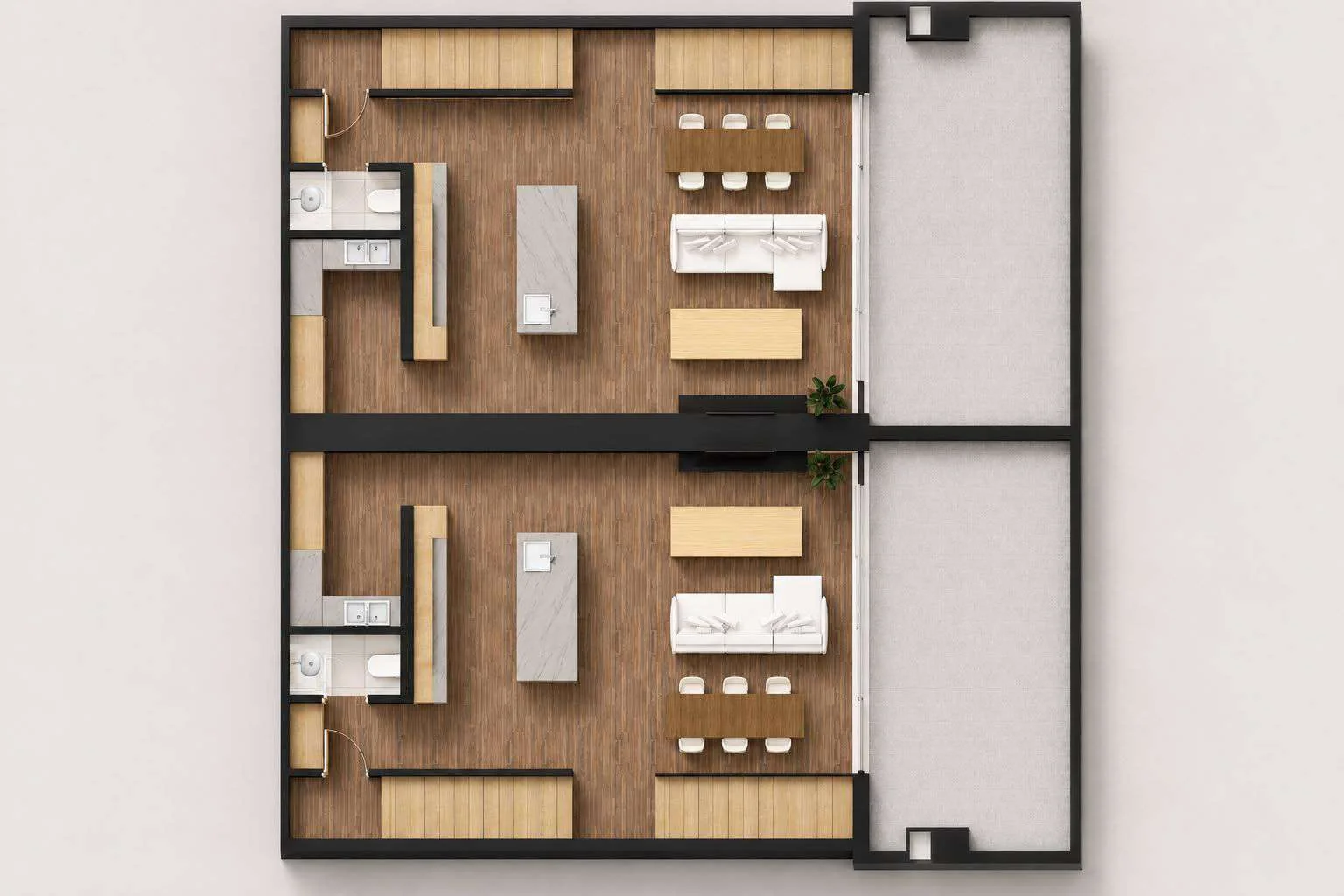 Ground floor plan of both units: open-plan kitchen, living and dining opening onto the balconies